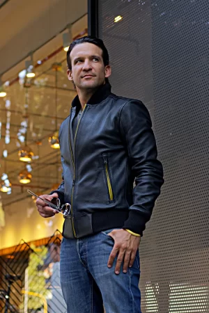 luxus hi tech leather jacket bomber lightweight perforated black & yellow