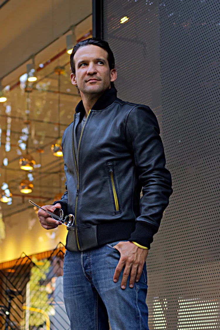 luxus hi tech leather jacket bomber lightweight perforated black & yellow luxus hi tech leather jacket bomber lightweight perforated black & yellow