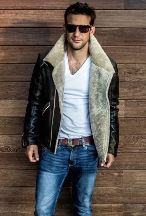 aspen natural shearling winter jacket in distressed brown sheepskin & antique brown leather