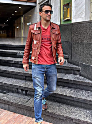jacob lukas sh leather short retro jacket distressed & beige stripes