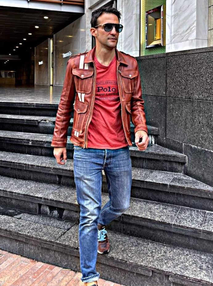 jacob lukas sh leather short retro jacket distressed & beige stripes jacob lukas sh leather short retro jacket distressed & beige stripes