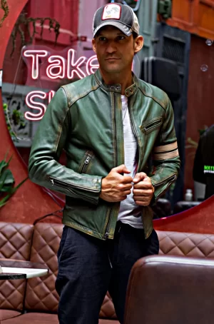 mustang hb leather jacket special edition green with stripes