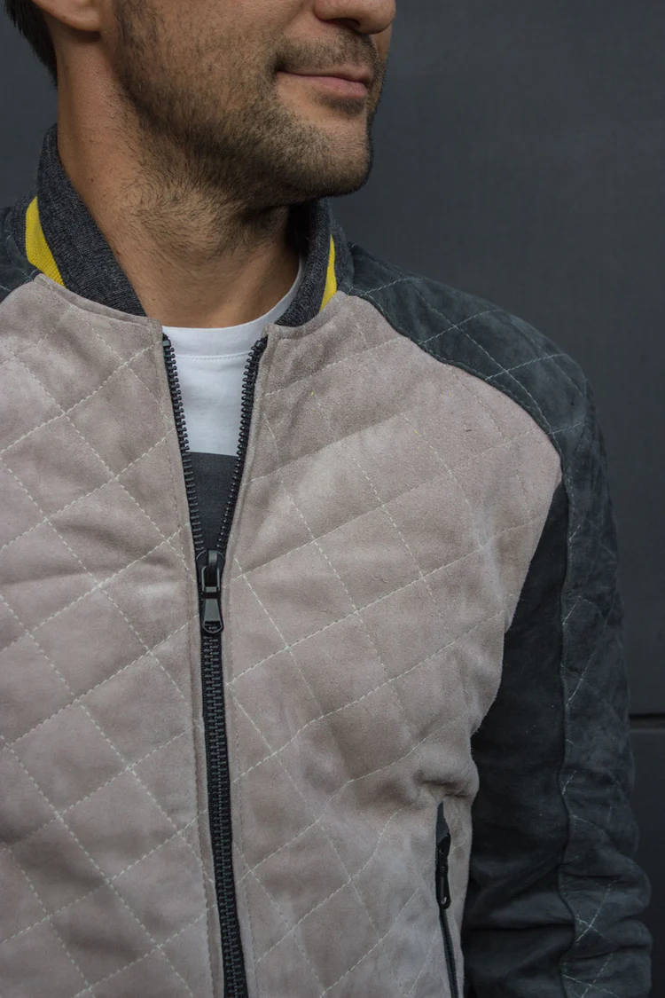 paramount bomber jacket in suede beige & green yellow stripes paramount bomber jacket in suede beige & green yellow stripes