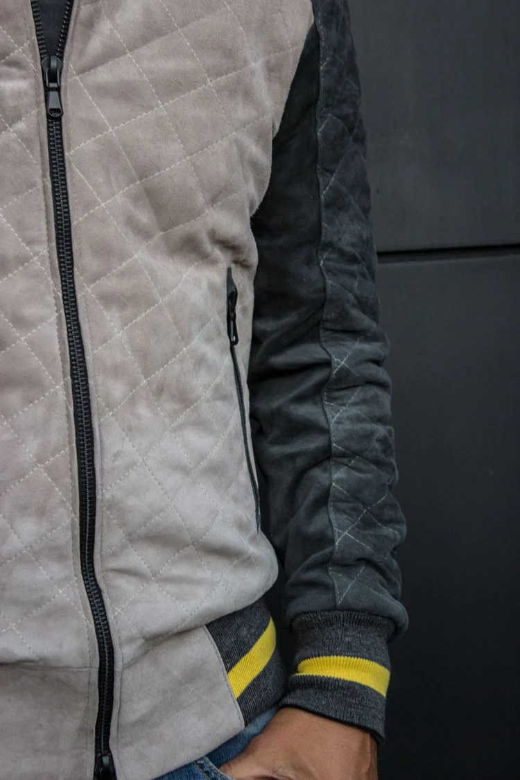 paramount bomber jacket in suede beige & green yellow stripes paramount bomber jacket in suede beige & green yellow stripes