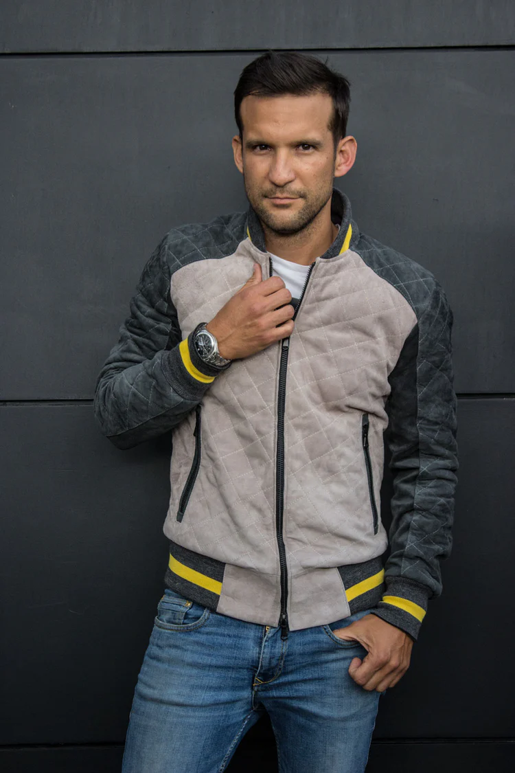 paramount bomber jacket in suede beige & green yellow stripes paramount bomber jacket in suede beige & green yellow stripes