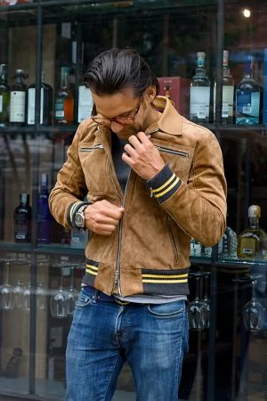 london air light suede jacket camel color yellow stripes ribbing metallic zippers