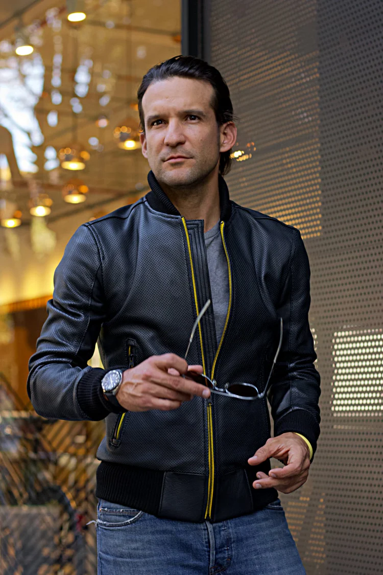 luxus hi tech leather jacket bomber lightweight perforated black & yellow luxus hi tech leather jacket bomber lightweight perforated black & yellow