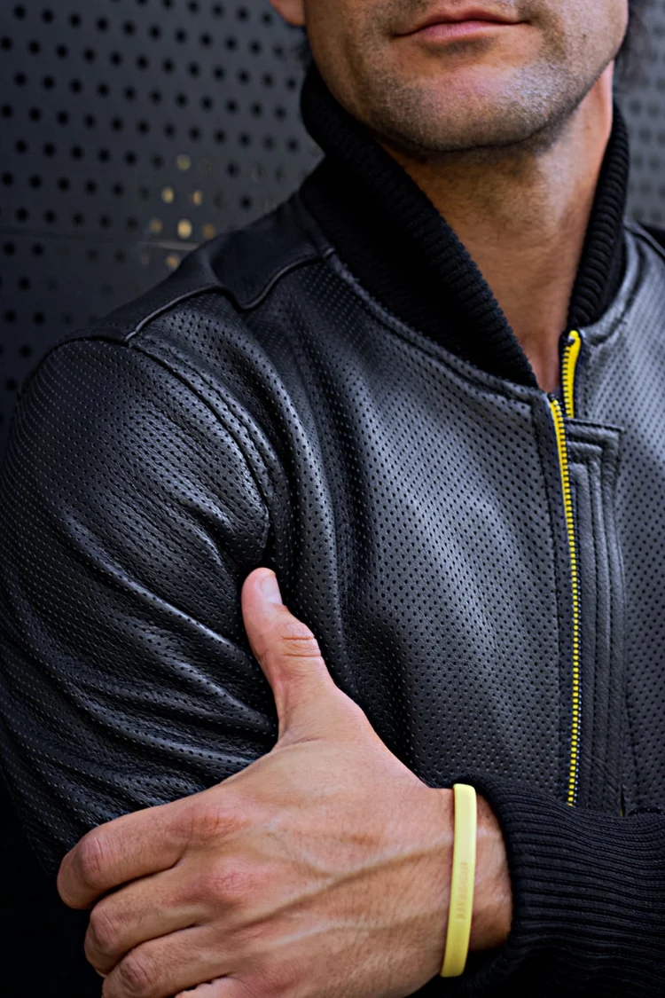 luxus hi tech leather jacket bomber lightweight perforated black & yellow luxus hi tech leather jacket bomber lightweight perforated black & yellow