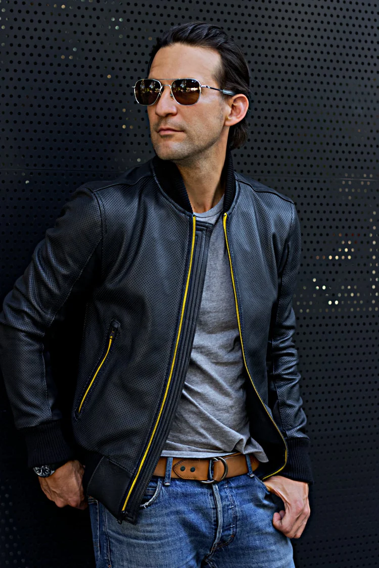 luxus hi tech leather jacket bomber lightweight perforated black & yellow luxus hi tech leather jacket bomber lightweight perforated black & yellow