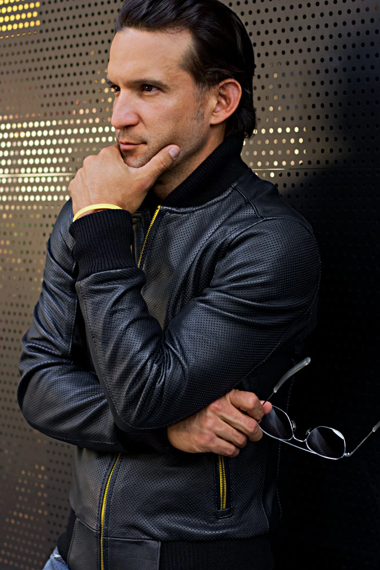 luxus hi tech leather jacket bomber lightweight perforated black & yellow luxus hi tech leather jacket bomber lightweight perforated black & yellow