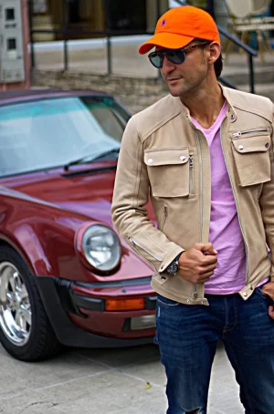 mi6 leather jacket double cargo pockets in natural stone