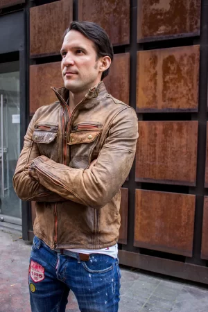 stone leather jacket double zip in stone vintage washed distressed color