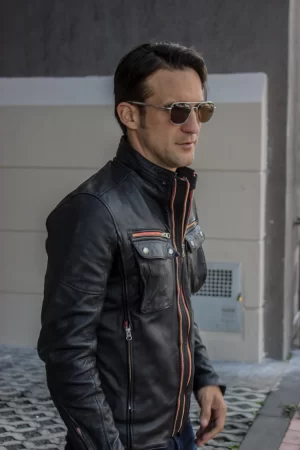 stone leather jacket double zip in washed black