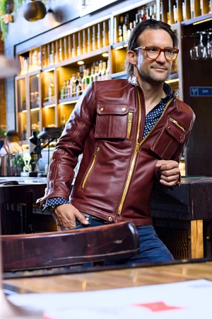 mi6 leather jacket in burgundy with gold zippers yellow accents mens cargo pockets