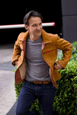 london air jacket in nubuck suede medium weight orange accents black zips