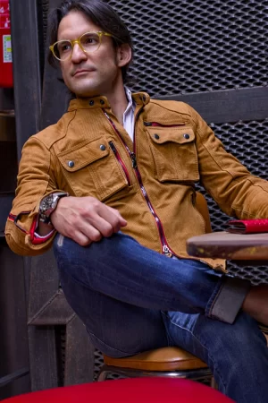 mi6 leather jacket perforated in amber with red accents mens cargo pockets
