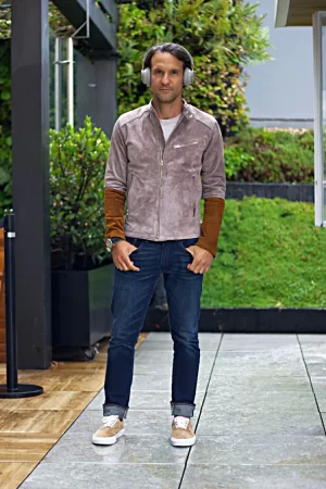 r79 traveler leather jacket suede taupee with brown perforated sleeves