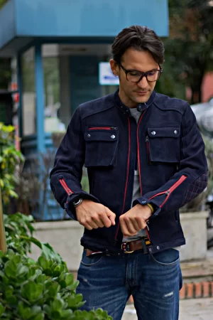 mi6 leather jacket dark blue & orange black zip nubuck suede cargo pockets