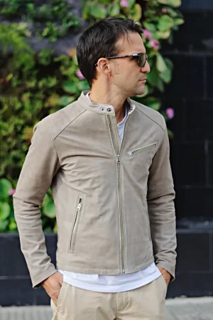toscana leather jacket lightweight calf suede in taupe color