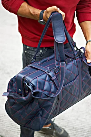 weekend lux quilted leather bag in midnight blue and red