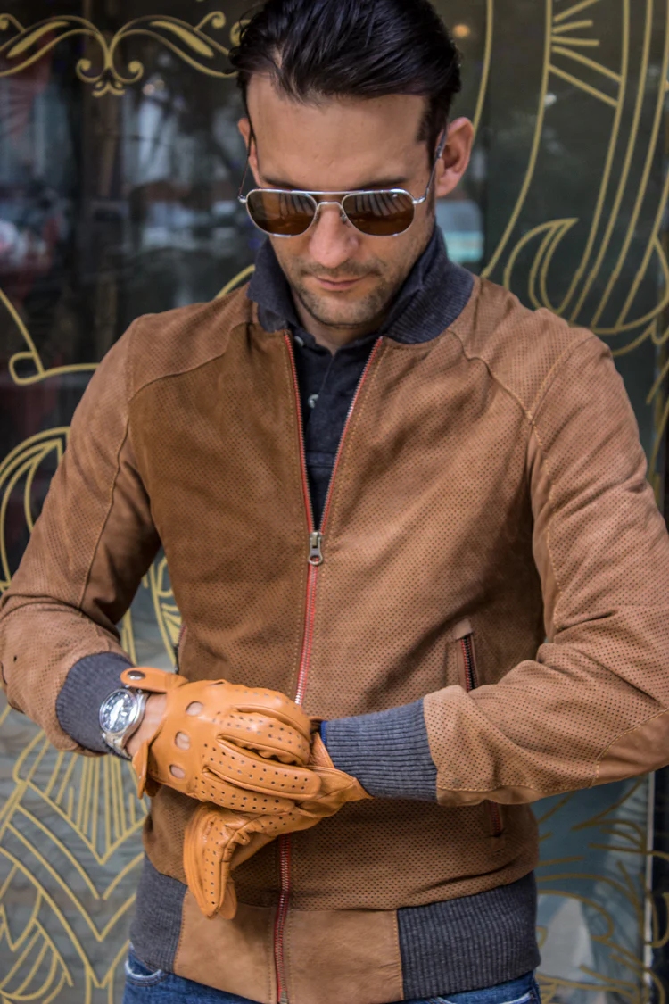 grand prix bomber jacket in perforated suede cinnamon brown grand prix bomber jacket in perforated suede cinnamon brown