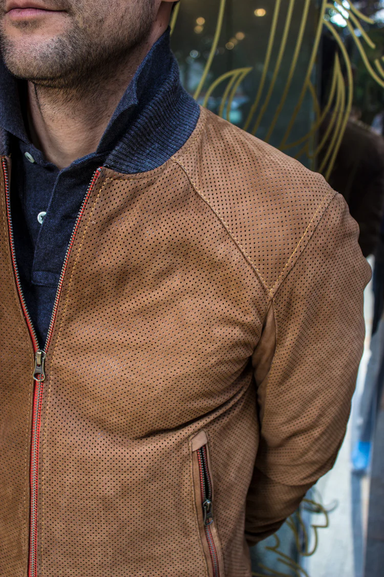 grand prix bomber jacket in perforated suede cinnamon brown grand prix bomber jacket in perforated suede cinnamon brown
