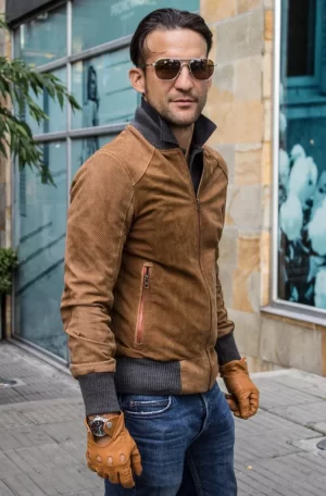 grand prix bomber jacket in perforated suede cinnamon brown