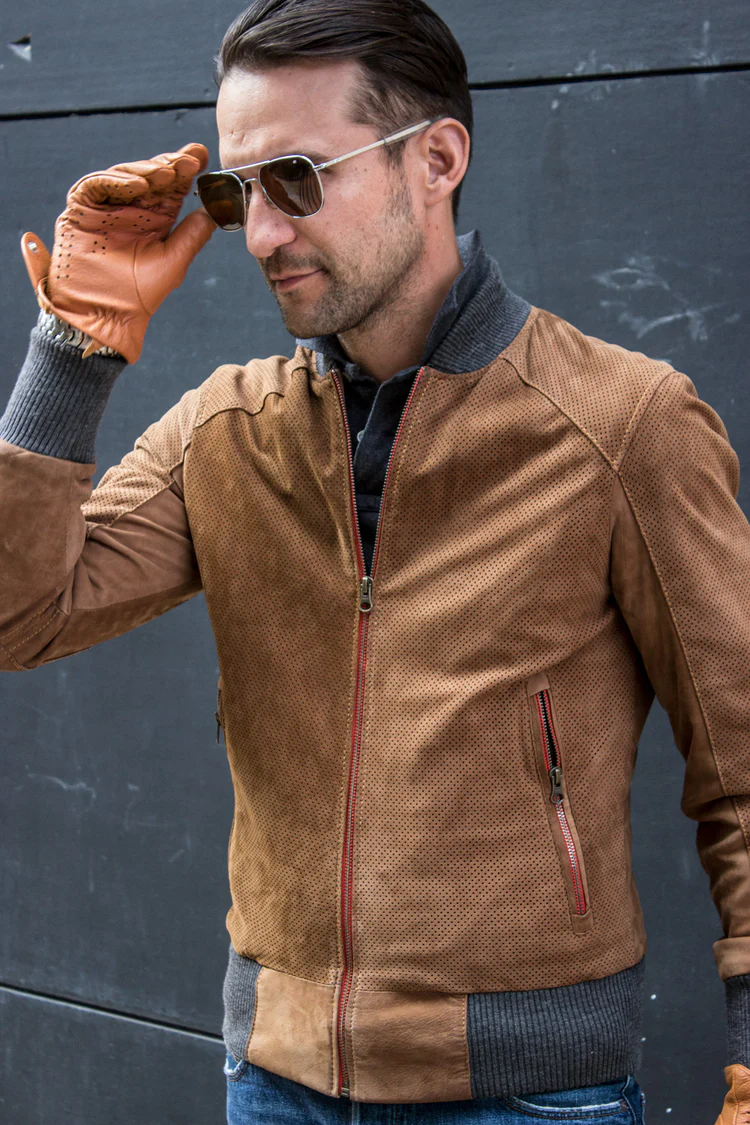 grand prix bomber jacket in perforated suede cinnamon brown grand prix bomber jacket in perforated suede cinnamon brown