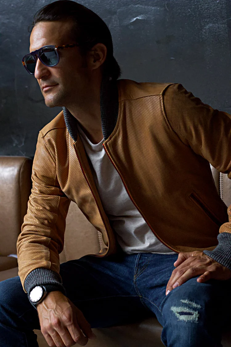 grand prix bomber jacket in perforated aged leather dried leaf brown grand prix bomber jacket in perforated aged leather dried leaf brown