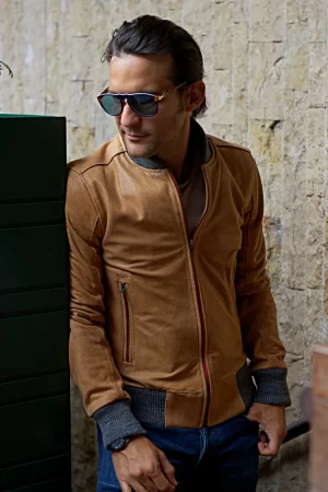 grand prix bomber jacket in perforated aged leather dried leaf brown