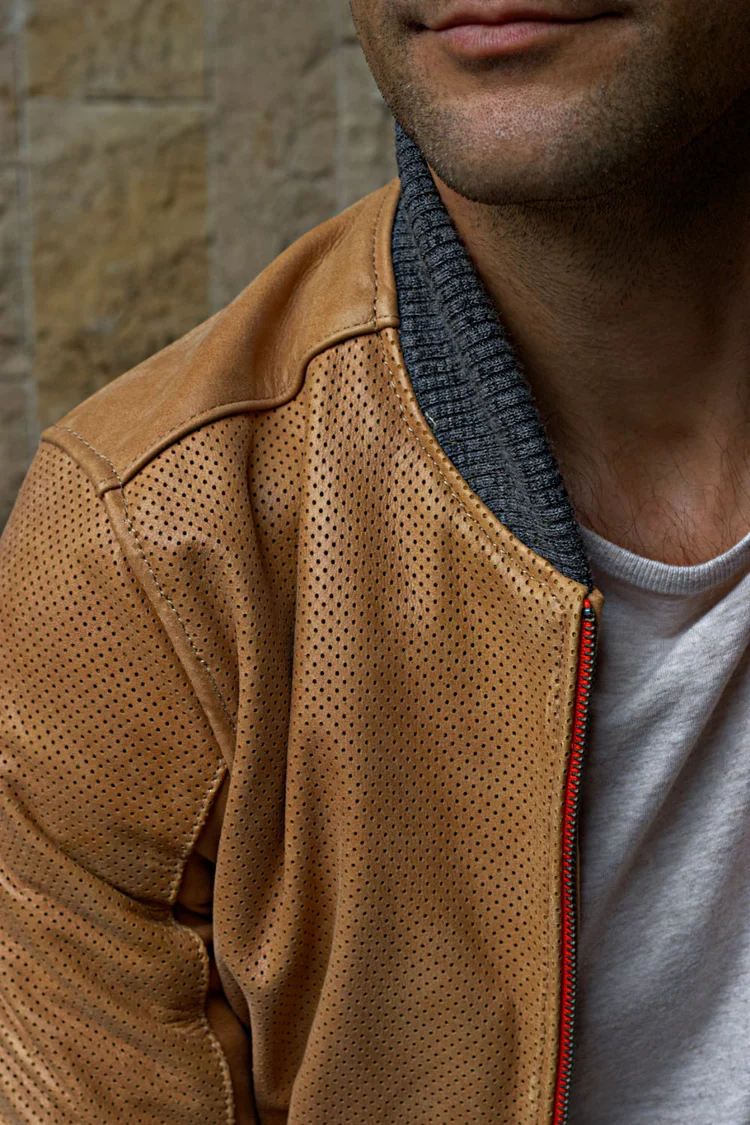 grand prix bomber jacket in perforated aged leather dried leaf brown grand prix bomber jacket in perforated aged leather dried leaf brown