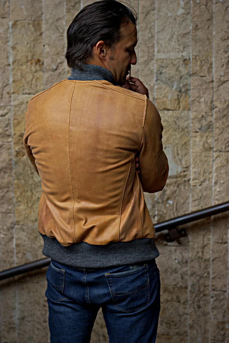 grand prix bomber jacket in perforated aged leather dried leaf brown grand prix bomber jacket in perforated aged leather dried leaf brown