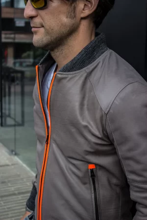 luxus hi tech lightweight bomber jacket in calfskin leather gray