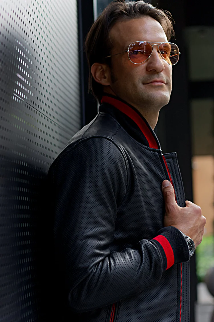 luxus ii bomber jacket in perforated leather black red stripe luxus ii bomber jacket in perforated leather black red stripe