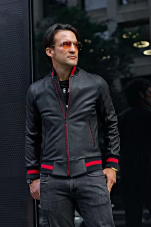luxus ii bomber jacket in perforated leather black red stripe