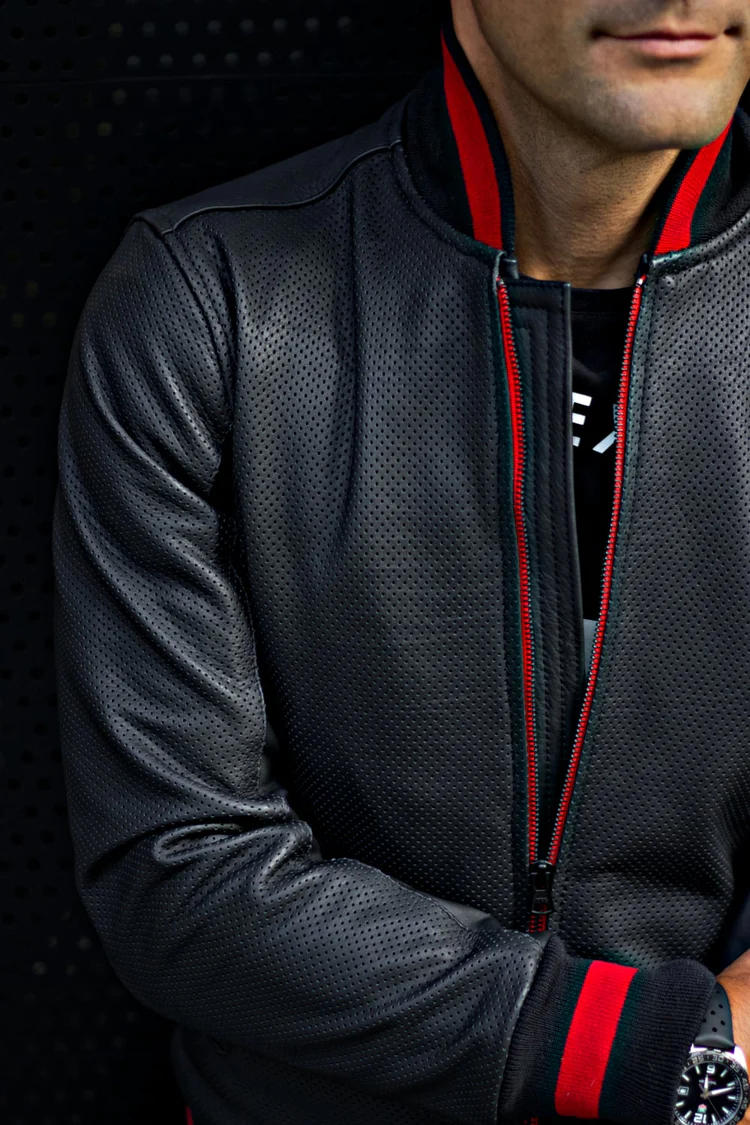 luxus ii bomber jacket in perforated leather black red stripe luxus ii bomber jacket in perforated leather black red stripe