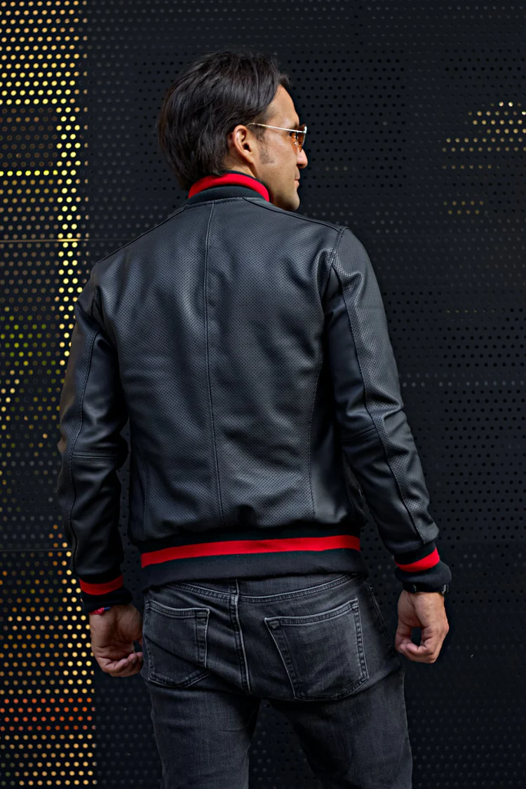 luxus ii bomber jacket in perforated leather black red stripe luxus ii bomber jacket in perforated leather black red stripe