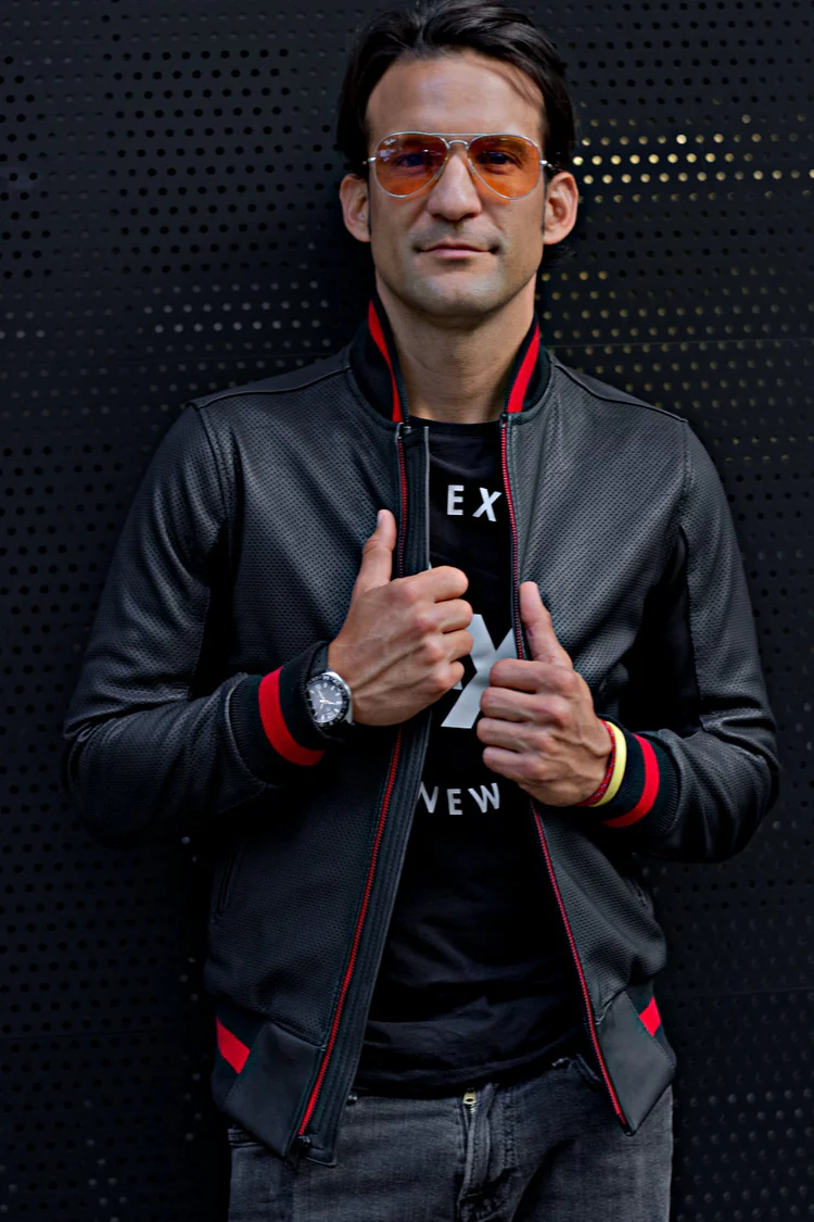 luxus ii bomber jacket in perforated leather black red stripe luxus ii bomber jacket in perforated leather black red stripe