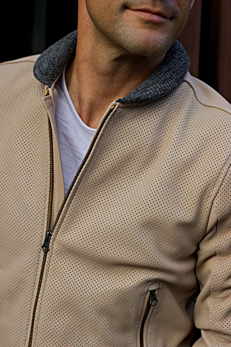 grand prix bomber jacket in perforated suede beige grand prix bomber jacket in perforated suede beige