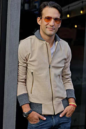 grand prix bomber jacket in perforated suede beige