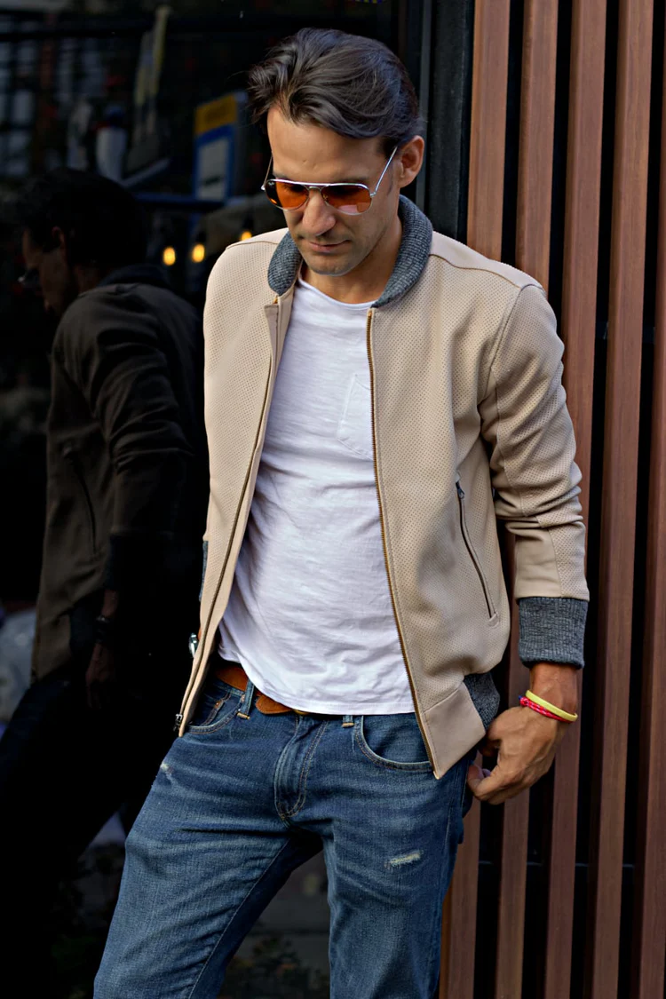 grand prix bomber jacket in perforated suede beige grand prix bomber jacket in perforated suede beige