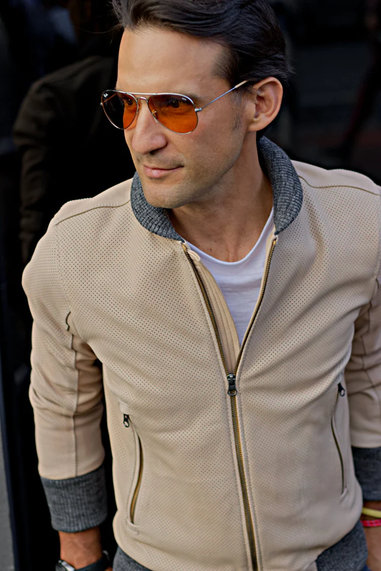 grand prix bomber jacket in perforated suede beige grand prix bomber jacket in perforated suede beige