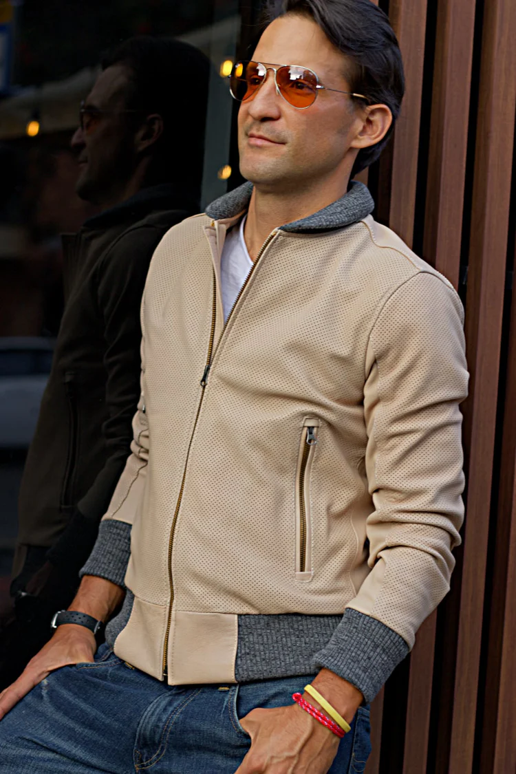 grand prix bomber jacket in perforated suede beige grand prix bomber jacket in perforated suede beige