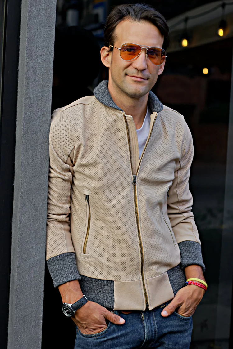 grand prix bomber jacket in perforated suede beige grand prix bomber jacket in perforated suede beige