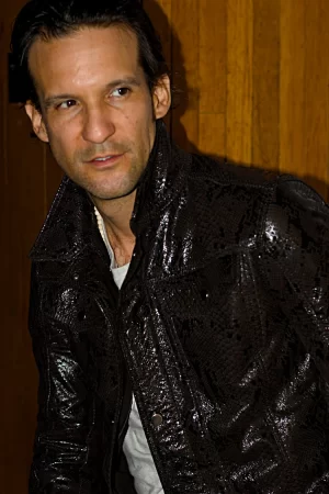 snk shiny snake embossed trucker jacket in black leather