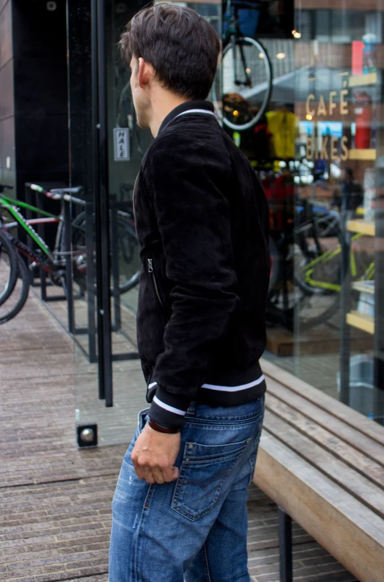 chicago bomber jacket in suede black baseball white stripes chicago bomber jacket in suede black baseball white stripes