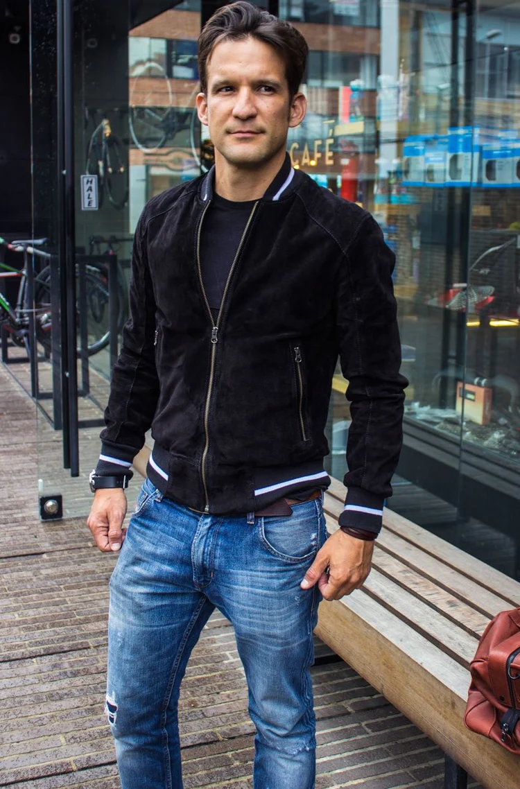 chicago bomber jacket in suede black baseball white stripes chicago bomber jacket in suede black baseball white stripes