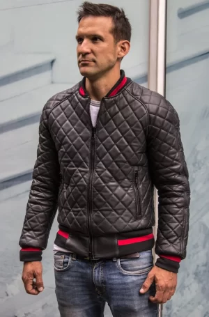 luxus hybrid bomber quilted jacket leather black red stripe