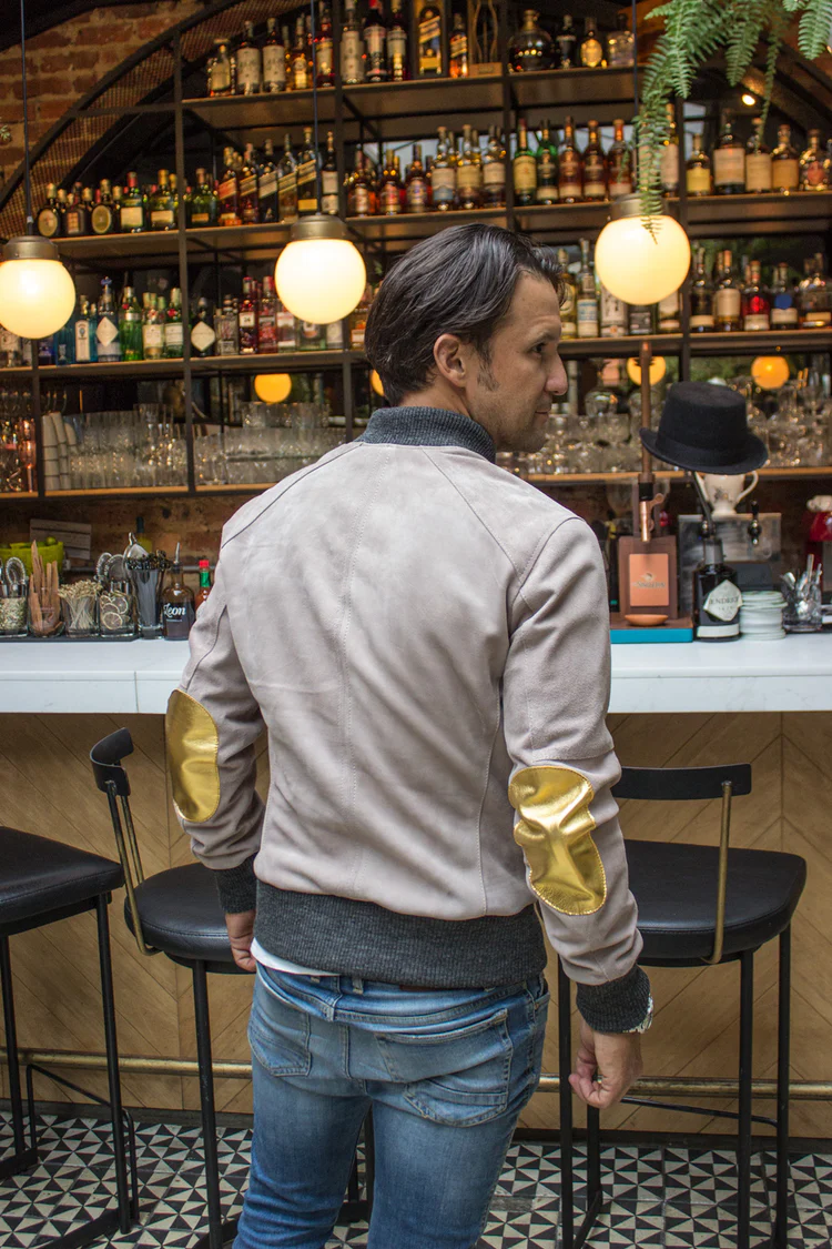casablanca bomber suede jacket sand with gold patches casablanca bomber suede jacket sand with gold patches