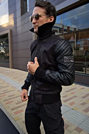 explorer bomber quilted jacket leather black & black